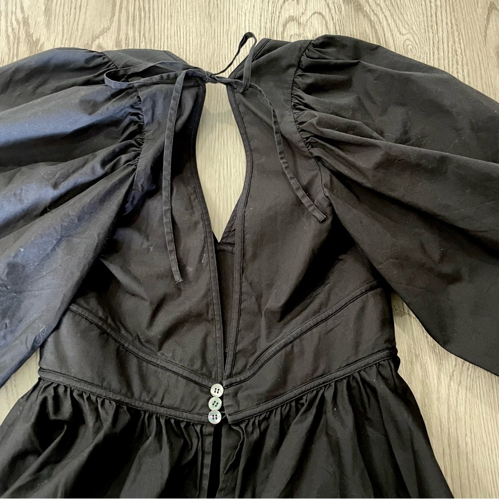 STAUD Luna Top Black Peplum Poplin Bold Sleeve Open Back - Picture 8 of 15